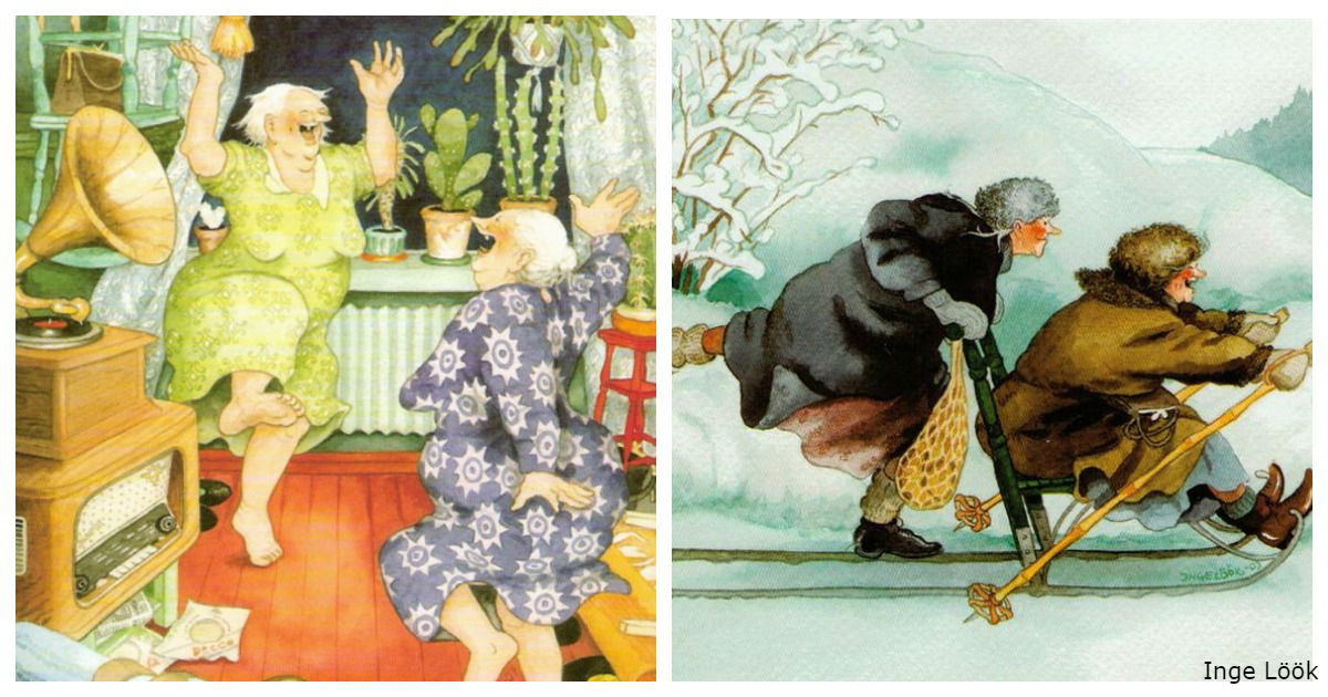 Навестила читать. Старушка ВЕСЕЛУШКА. Веселые бабушки. Веселые старушки финской художницы. Старушка картина.
