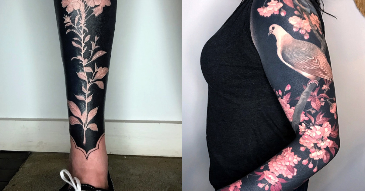 Новый тренд в татуировках: цветы на черном фоне