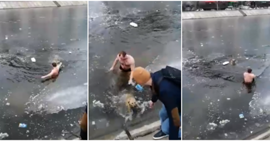 Мужчина прыгнул в ледяную реку за тонущей собакой