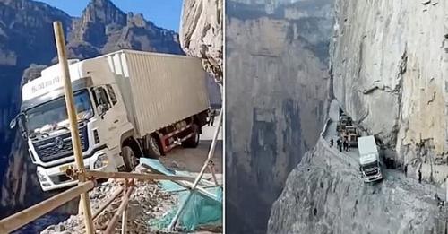 Китайский водитель чуть не уронил грузовик в бездну 